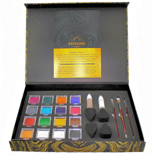Muse Kit Matte Colors with 10g each color, brushes and glitters - Kryvaline Body Art Makeup | Glitter Tattoos, Face & Body Paint, Design - Kryvaline Body Art Makeup