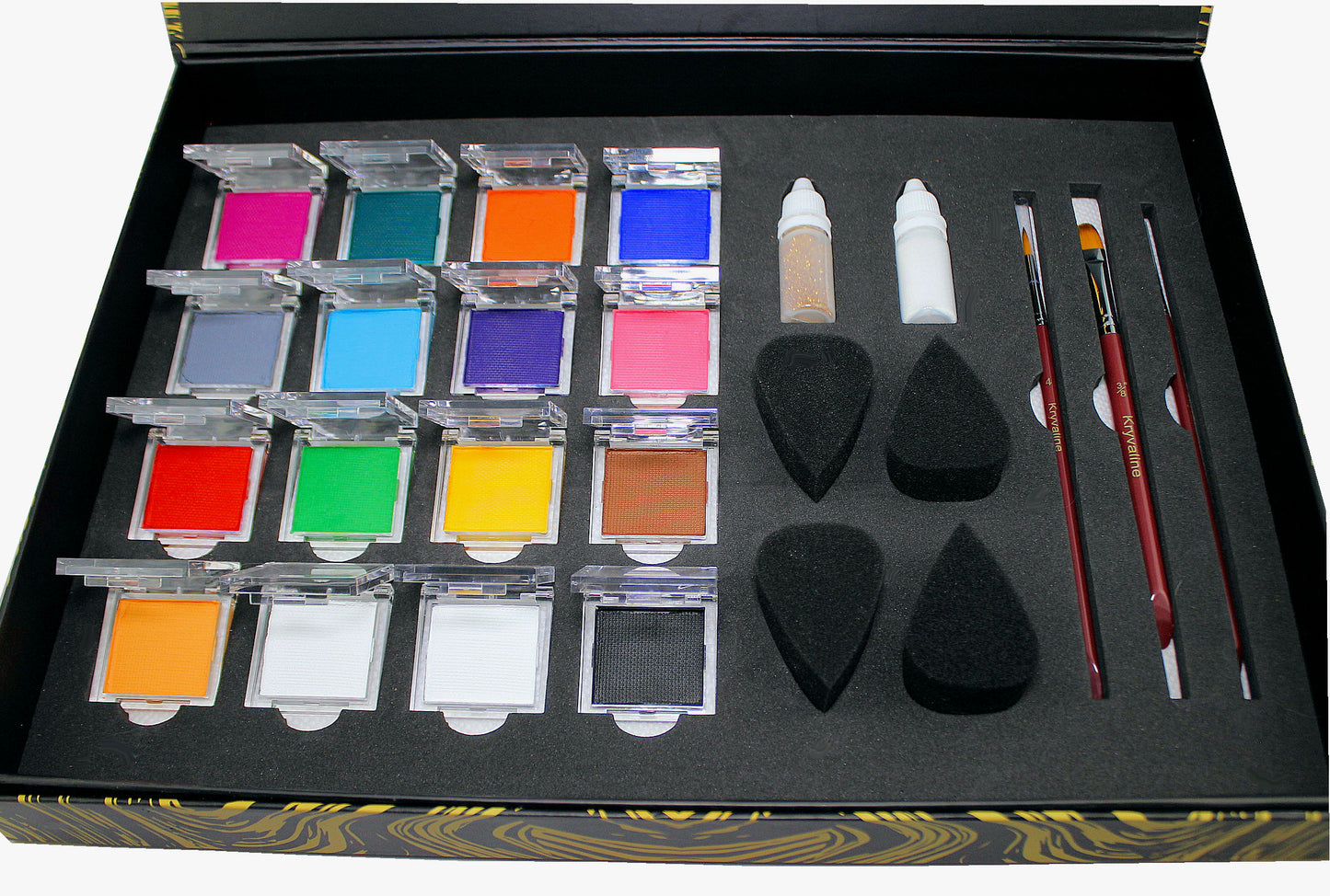 Muse Kit Matte Colors with 10g each color, brushes and glitters - Kryvaline Body Art Makeup | Glitter Tattoos, Face & Body Paint, Design - Kryvaline Body Art Makeup