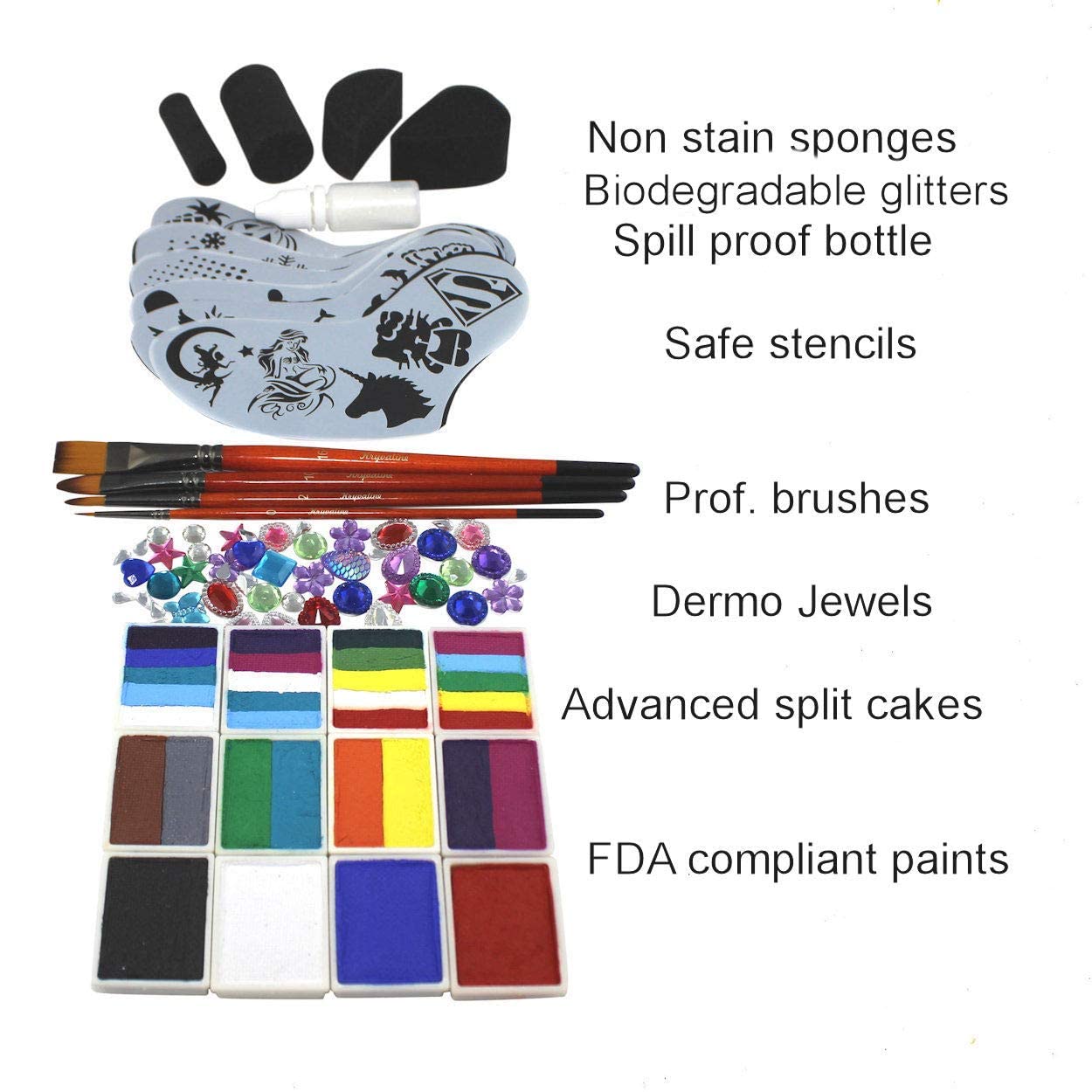 Face Painting kit Kryvaline Professionals with Stencils, Brushes and Fine Glitters in Spill Proof Bottle Plus Skin Jewels - Kryvaline Body Art Makeup | Glitter Tattoos, Face & Body Paint, Design - Kryvaline Body Art Makeup